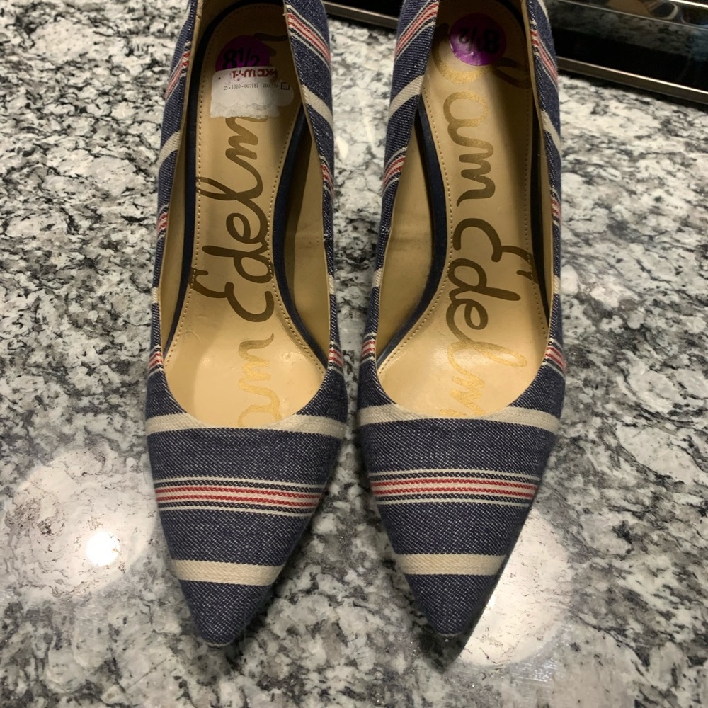 Denim blue , red and cream heels